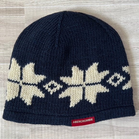 Vintage Y2K Abercrombie & Fitch Fair Isle Snowflake Beanie | Navy Wool Blend - Picture 1 of 8